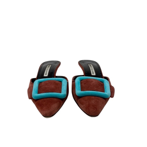 Manolo Blahnik Maysalebi 70MM Buckled Cinnamon Brown Suede Mules Size 37.5 - Picture 5 of 9